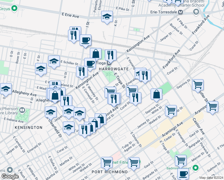 map of restaurants, bars, coffee shops, grocery stores, and more near 3437 Helen Street in Philadelphia
