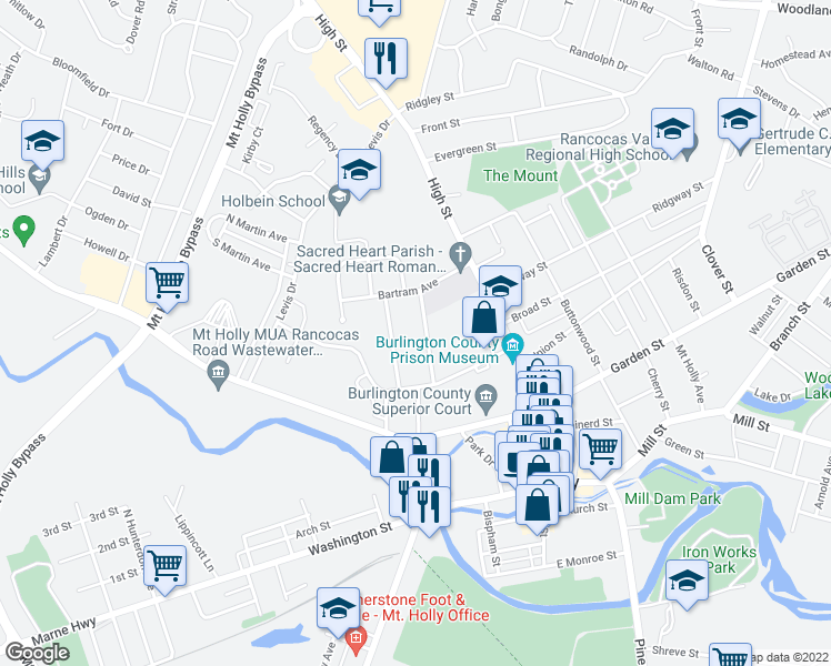map of restaurants, bars, coffee shops, grocery stores, and more near 240 Clifton Avenue in Mount Holly