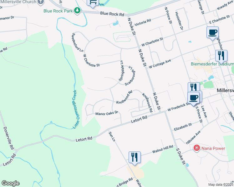 map of restaurants, bars, coffee shops, grocery stores, and more near 10 Bradford Street in Millersville