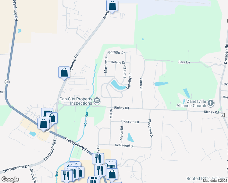 map of restaurants, bars, coffee shops, grocery stores, and more near 1035 Lake View Drive in Zanesville