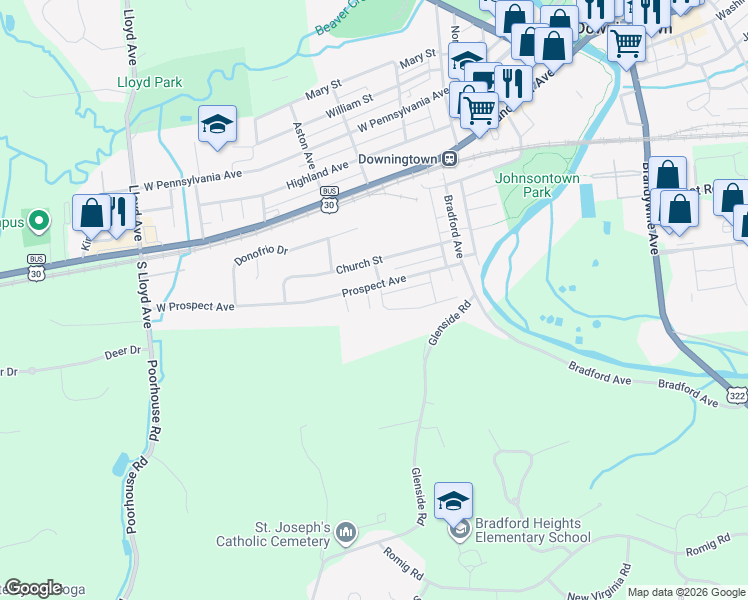 map of restaurants, bars, coffee shops, grocery stores, and more near 304 Jacqueline Drive in Downingtown