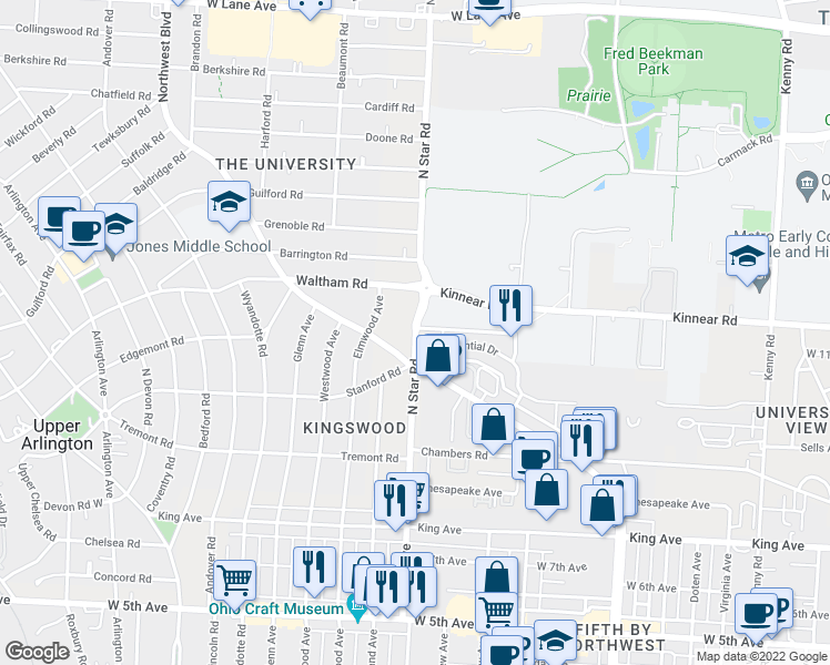 map of restaurants, bars, coffee shops, grocery stores, and more near 1973 North Star Road in Upper Arlington