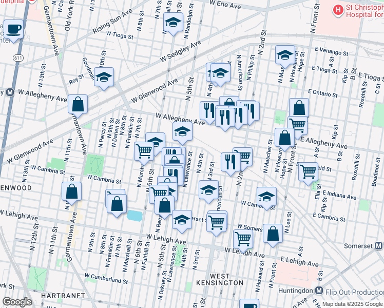 map of restaurants, bars, coffee shops, grocery stores, and more near 3049 North Lawrence Street in Philadelphia