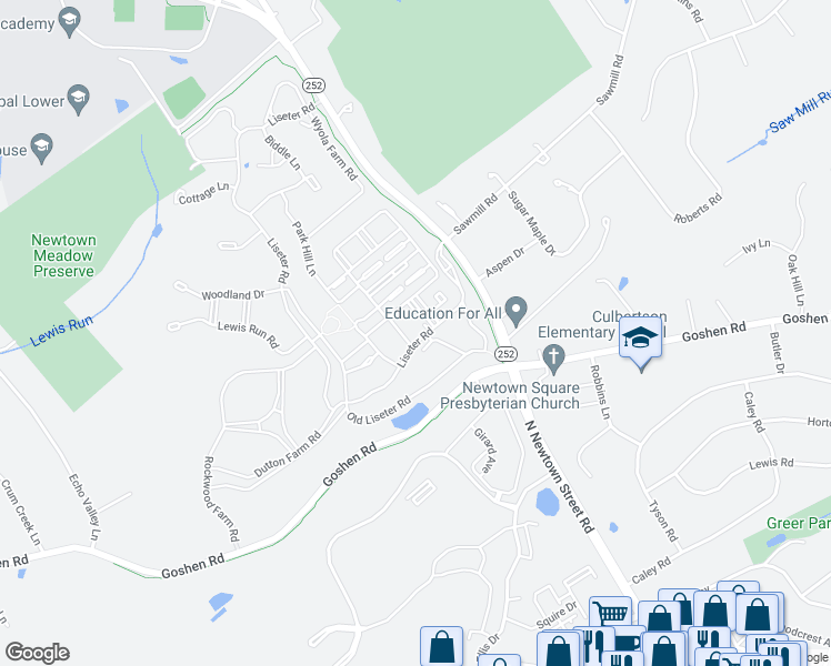 map of restaurants, bars, coffee shops, grocery stores, and more near Liseter Trail in Delaware County