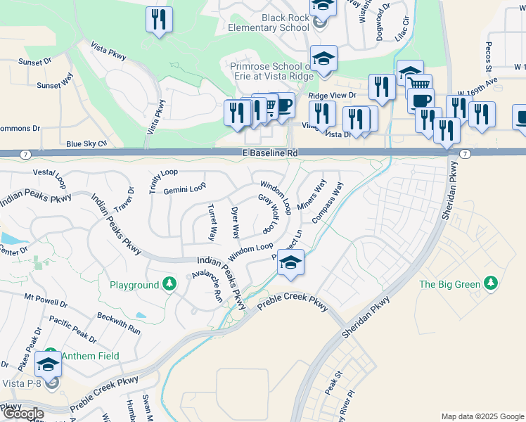 map of restaurants, bars, coffee shops, grocery stores, and more near 16578 Jupiter Way in Broomfield
