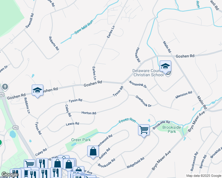 map of restaurants, bars, coffee shops, grocery stores, and more near 3400 Goshen Road in Newtown Square