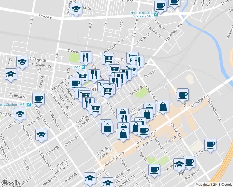 map of restaurants, bars, coffee shops, grocery stores, and more near 3547 Frankford Avenue in Philadelphia