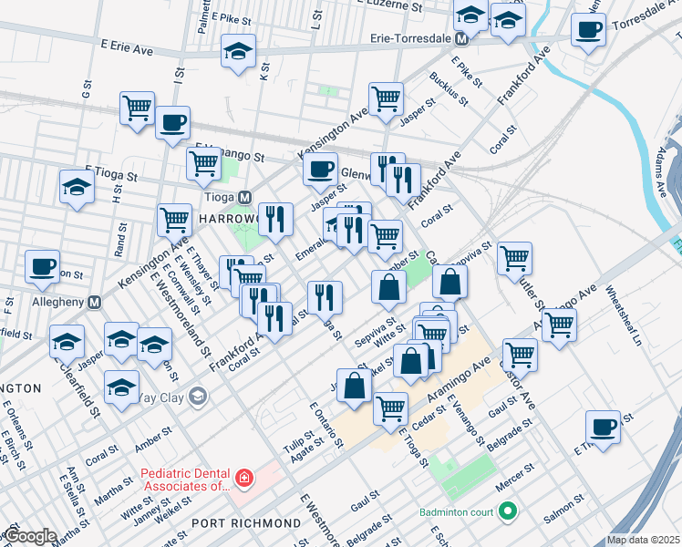 map of restaurants, bars, coffee shops, grocery stores, and more near 3547 Frankford Avenue in Philadelphia