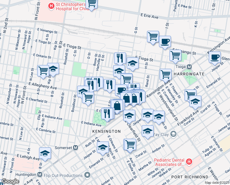map of restaurants, bars, coffee shops, grocery stores, and more near 715 East Hilton Street in Philadelphia