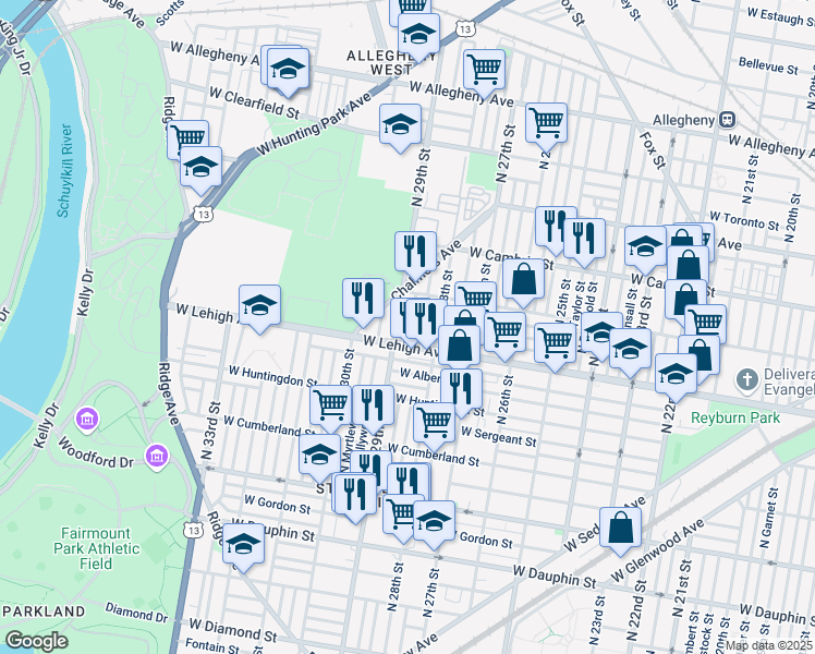 map of restaurants, bars, coffee shops, grocery stores, and more near 2720 North Dover Street in Philadelphia