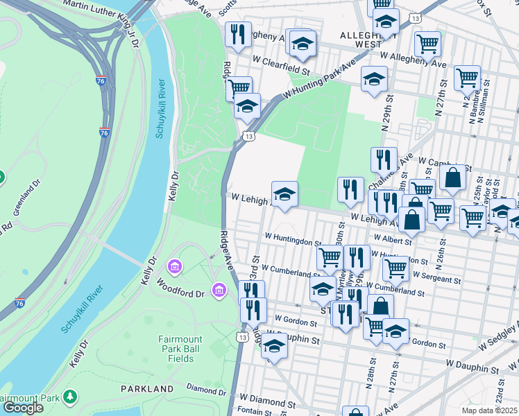 map of restaurants, bars, coffee shops, grocery stores, and more near 2648 North 33rd Street in Philadelphia