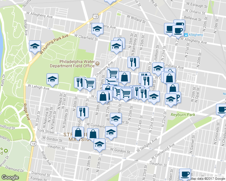 map of restaurants, bars, coffee shops, grocery stores, and more near 2649 West Silver Street in Philadelphia