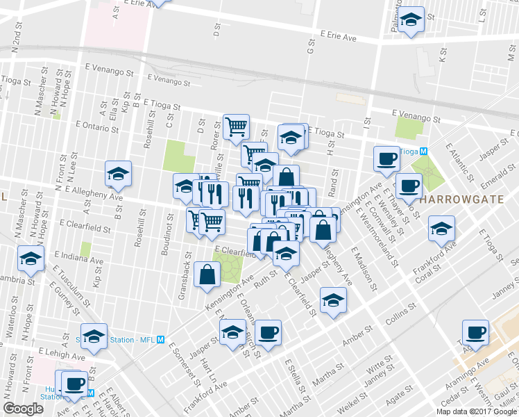 map of restaurants, bars, coffee shops, grocery stores, and more near 713 East Hilton Street in Philadelphia
