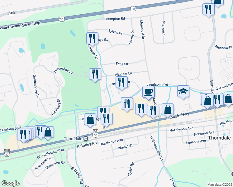 map of restaurants, bars, coffee shops, grocery stores, and more near 8 Harvest Drive in Thorndale