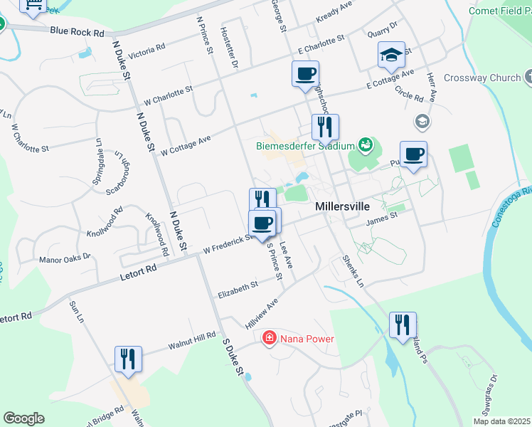 map of restaurants, bars, coffee shops, grocery stores, and more near 17 North Prince Street in Millersville