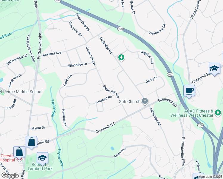 map of restaurants, bars, coffee shops, grocery stores, and more near 1325 Green Hill Avenue in West Chester