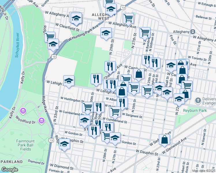 map of restaurants, bars, coffee shops, grocery stores, and more near 2720 North Dover Street in Philadelphia