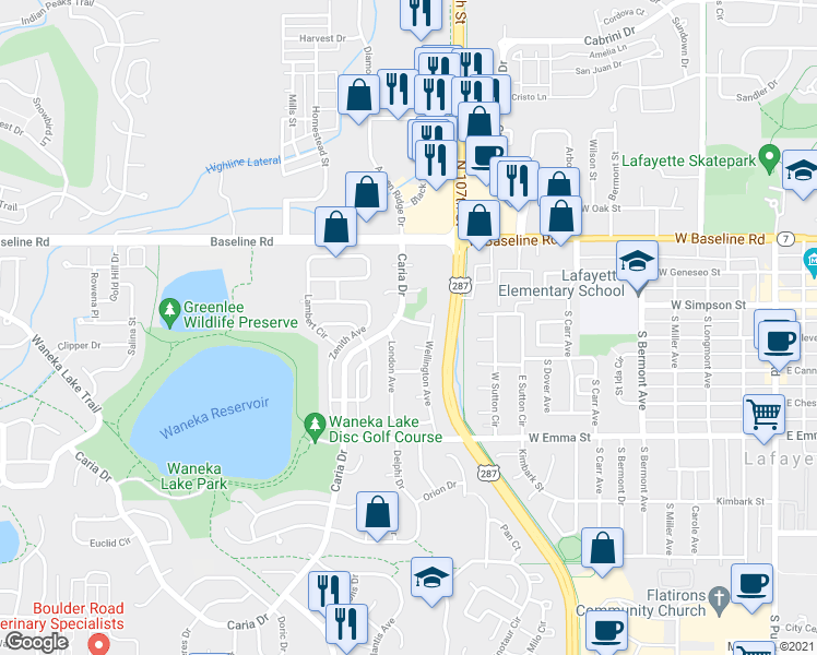 map of restaurants, bars, coffee shops, grocery stores, and more near 1160 Somerset Street in Lafayette