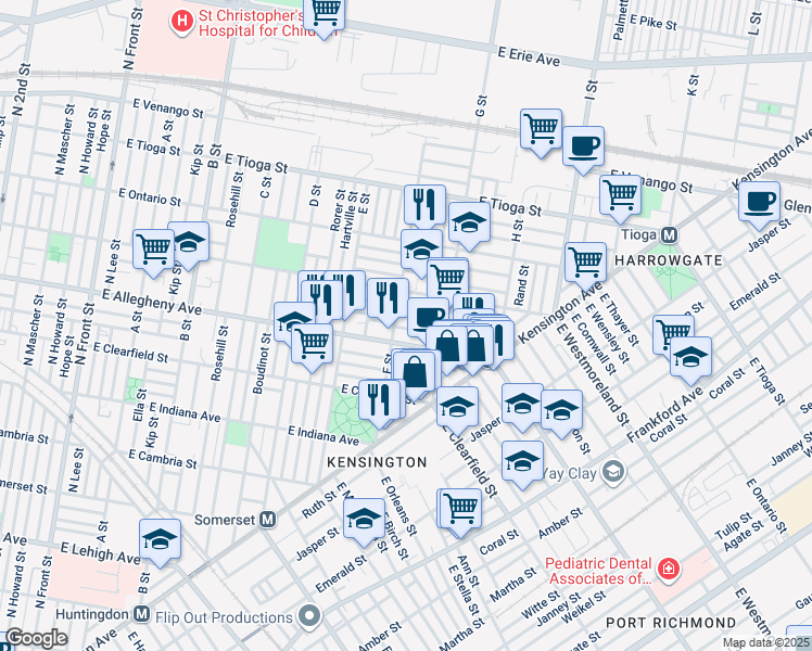 map of restaurants, bars, coffee shops, grocery stores, and more near 713 East Hilton Street in Philadelphia