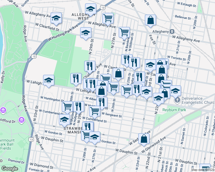 map of restaurants, bars, coffee shops, grocery stores, and more near 2649 West Silver Street in Philadelphia