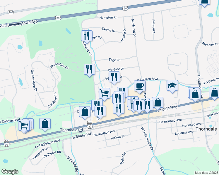 map of restaurants, bars, coffee shops, grocery stores, and more near 8 Harvest Drive in Thorndale