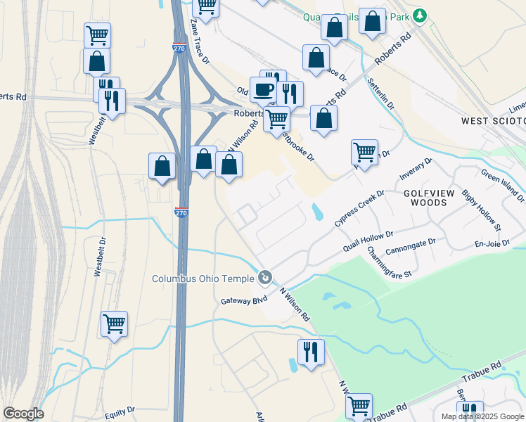 map of restaurants, bars, coffee shops, grocery stores, and more near 3859 Habitat Drive in Columbus