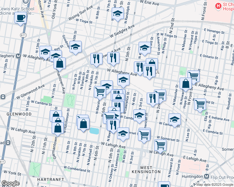 map of restaurants, bars, coffee shops, grocery stores, and more near 3041 North Reese Street in Philadelphia