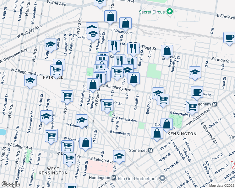 map of restaurants, bars, coffee shops, grocery stores, and more near 222 East Wishart Street in Philadelphia