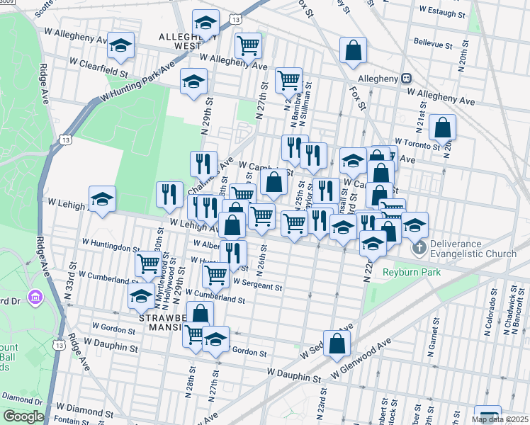 map of restaurants, bars, coffee shops, grocery stores, and more near 2606 West Seltzer Street in Philadelphia