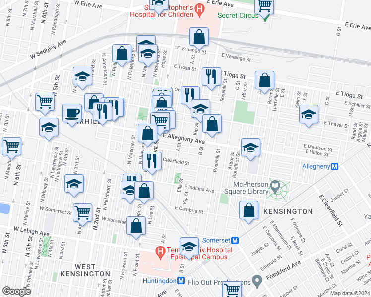 map of restaurants, bars, coffee shops, grocery stores, and more near 220 East Wishart Street in Philadelphia