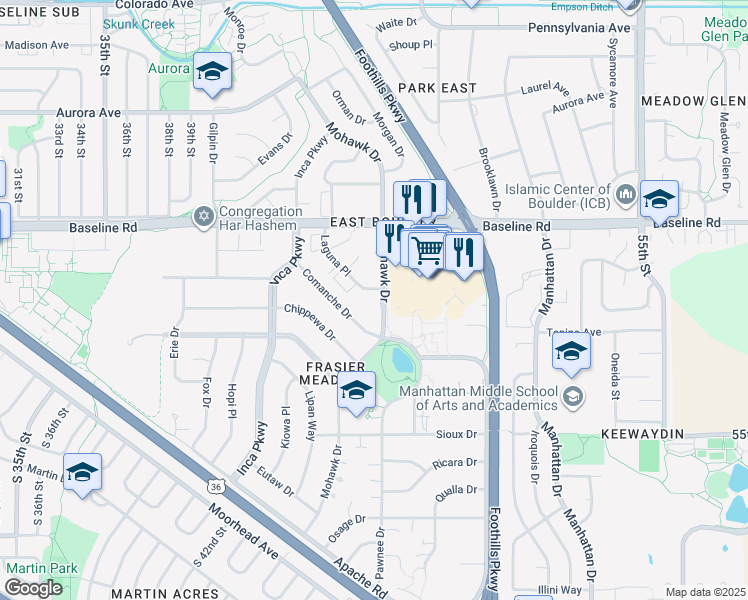map of restaurants, bars, coffee shops, grocery stores, and more near 565 Mohawk Drive in Boulder