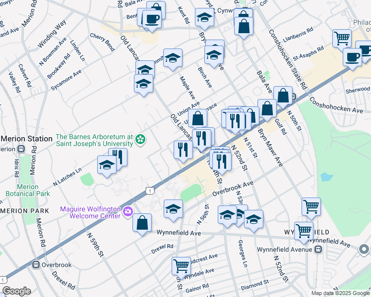 map of restaurants, bars, coffee shops, grocery stores, and more near 212 Edgehill Road in Merion Station