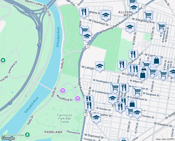 map of restaurants, bars, coffee shops, grocery stores, and more near 2635 North 34th Street in Philadelphia
