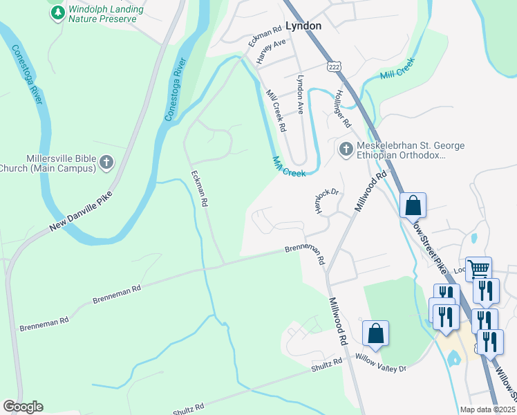 map of restaurants, bars, coffee shops, grocery stores, and more near 352 Wendover Way in Lancaster