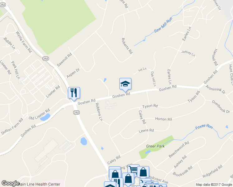 map of restaurants, bars, coffee shops, grocery stores, and more near 3519 Goshen Road in Newtown Square