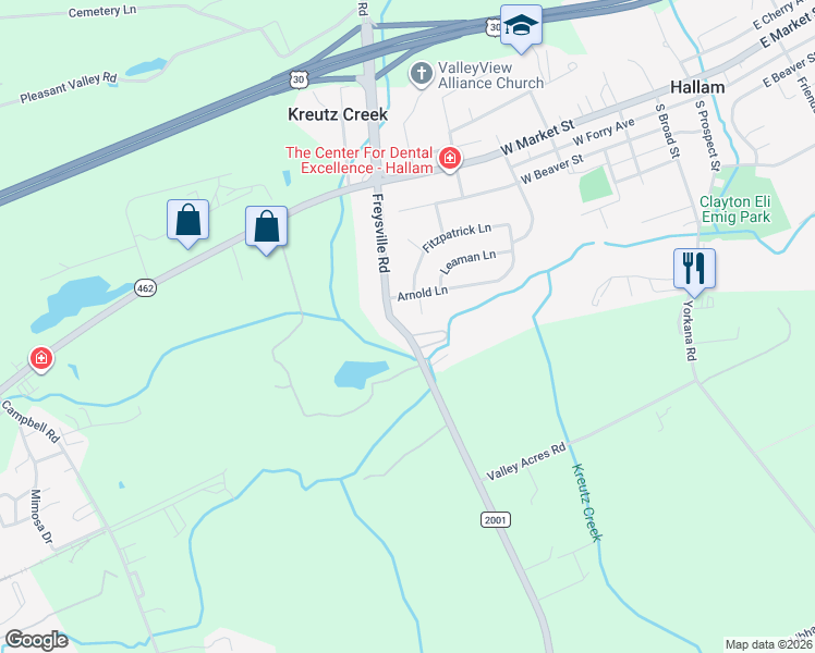 map of restaurants, bars, coffee shops, grocery stores, and more near 215 Freysville Road in Hallam