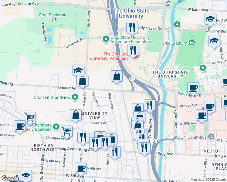 map of restaurants, bars, coffee shops, grocery stores, and more near 1846 Rhoda Avenue in Columbus