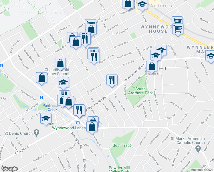map of restaurants, bars, coffee shops, grocery stores, and more near 2426 East County Line Road in Ardmore