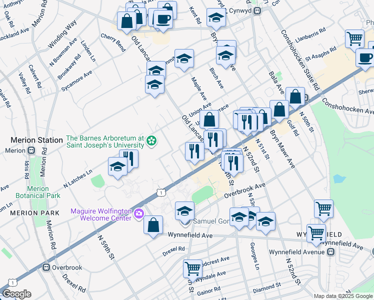 map of restaurants, bars, coffee shops, grocery stores, and more near 221 Edgehill Road in Merion Station