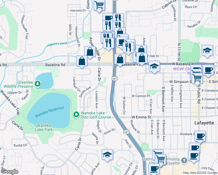 map of restaurants, bars, coffee shops, grocery stores, and more near 220 Wellington Avenue in Lafayette