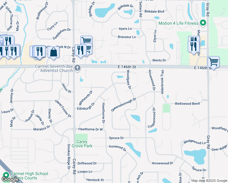 map of restaurants, bars, coffee shops, grocery stores, and more near 1268 Bridgefield Drive in Carmel