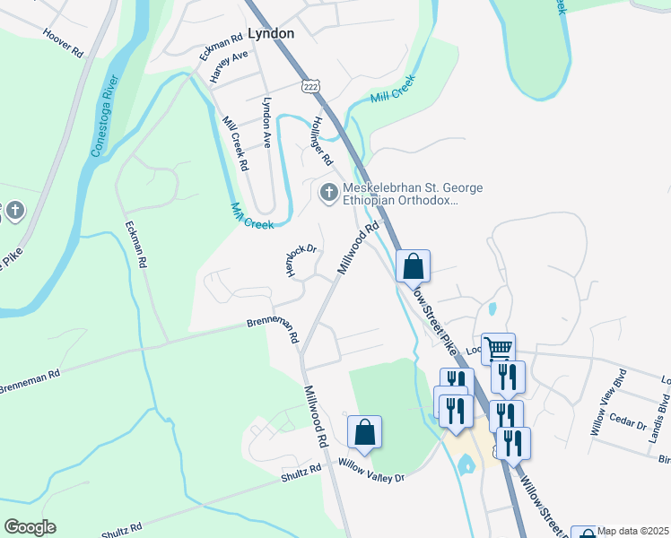 map of restaurants, bars, coffee shops, grocery stores, and more near 198 Millwood Road in Lancaster