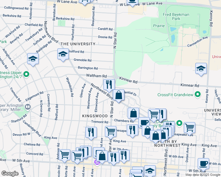 map of restaurants, bars, coffee shops, grocery stores, and more near 1961 North Star Road in Upper Arlington