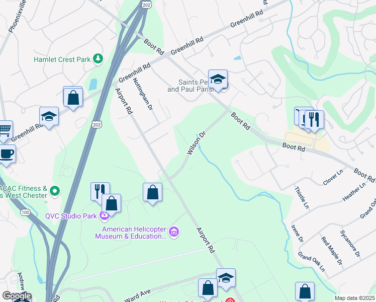 map of restaurants, bars, coffee shops, grocery stores, and more near 1301 Wilson Drive in West Chester