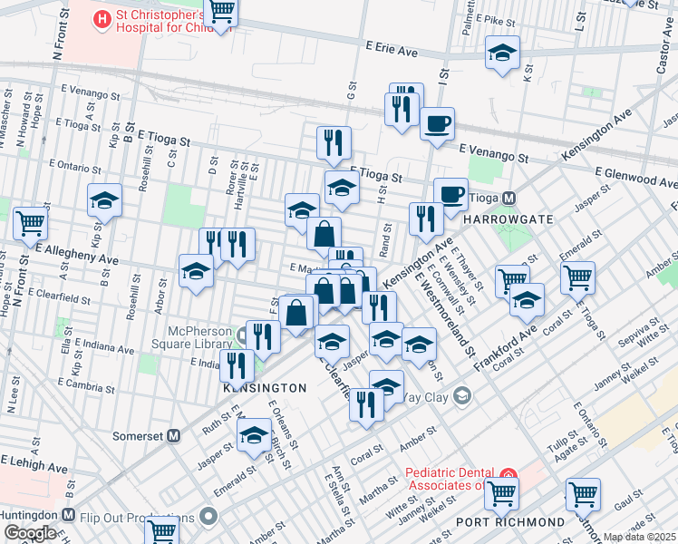 map of restaurants, bars, coffee shops, grocery stores, and more near 827 East Madison Street in Philadelphia