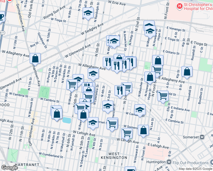 map of restaurants, bars, coffee shops, grocery stores, and more near 3060 North Orianna Street in Philadelphia