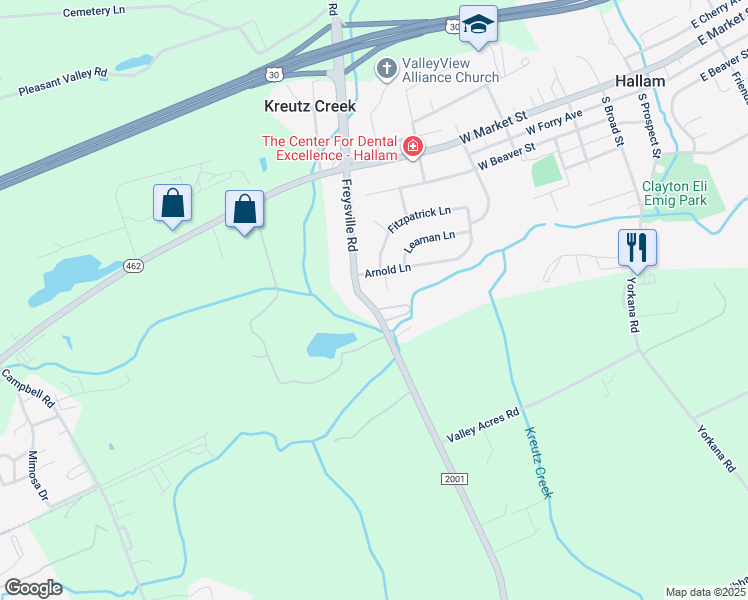 map of restaurants, bars, coffee shops, grocery stores, and more near 215 Freysville Road in Hallam