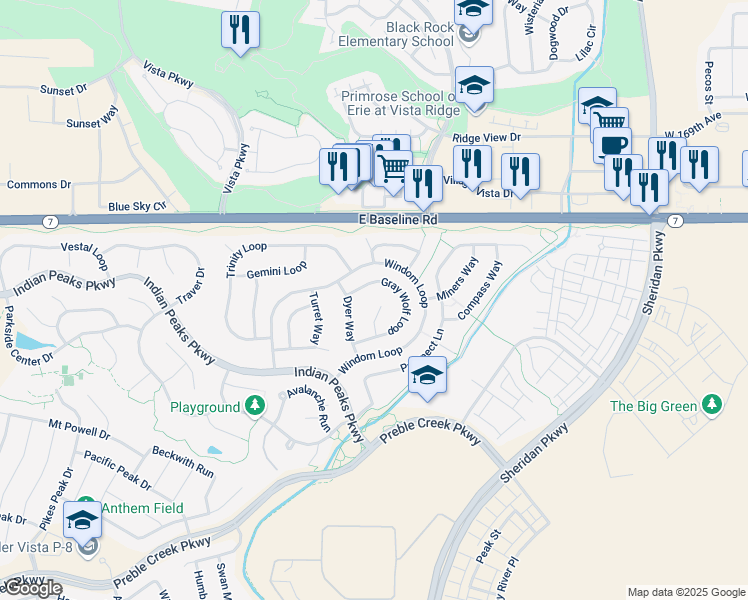 map of restaurants, bars, coffee shops, grocery stores, and more near 16578 Jupiter Way in Broomfield