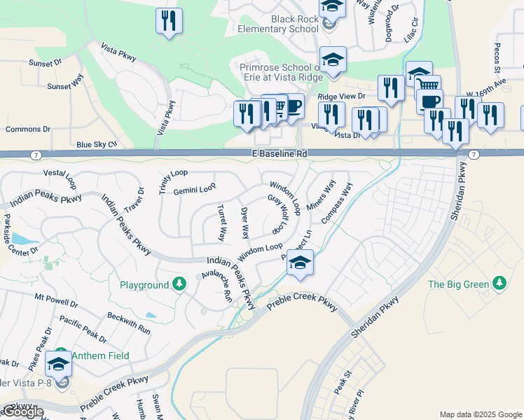 map of restaurants, bars, coffee shops, grocery stores, and more near 16578 Jupiter Way in Broomfield