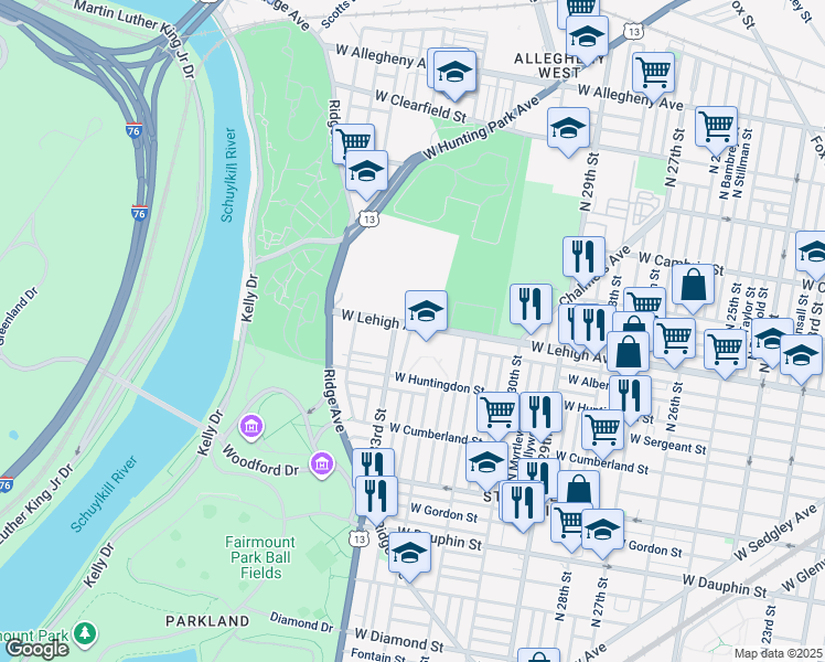 map of restaurants, bars, coffee shops, grocery stores, and more near 2650 North 31st Street in Philadelphia